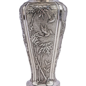 Antique Chinese Silver Vase,  Classic Meiping Shape,  Repousse & Chased Scenic Panels, c. 1900