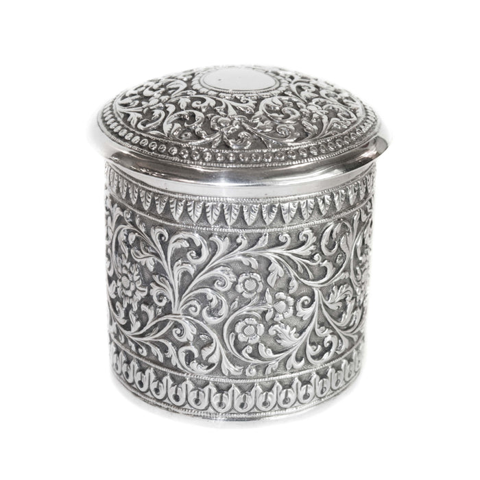 Antique Indian Silver Container, Circular Lidded Oomersi Mawji, Bhuj, Kutch – Circa 1890