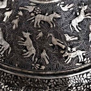 Antique Indian Bidri Platter Tray Silver Inlay Hindu Figural Design Rajasthan India 1800 50