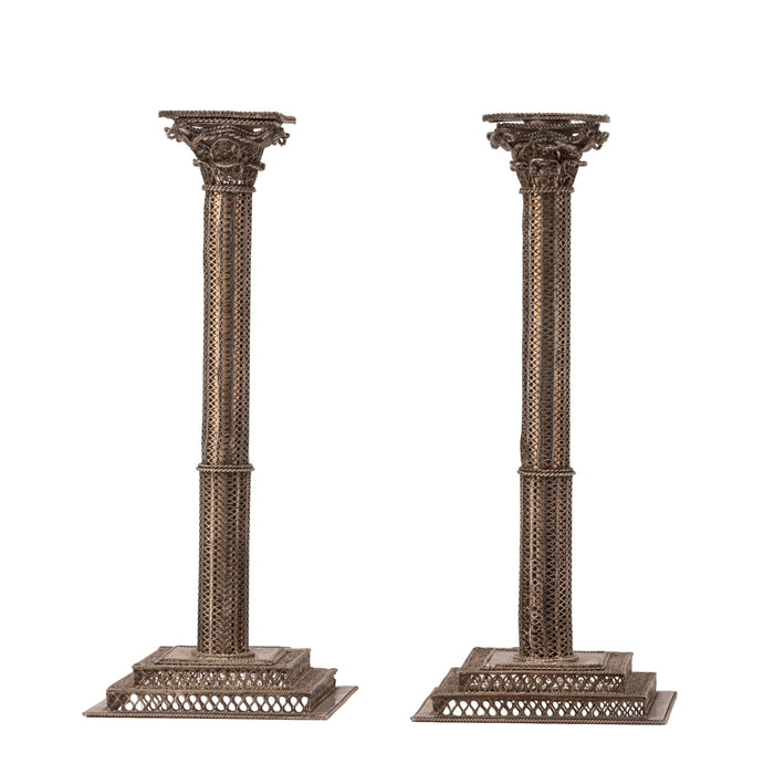 A fine pair of late 18th/ early 19th century silver and silver gilt filigree candlesticks, probably Dutch.