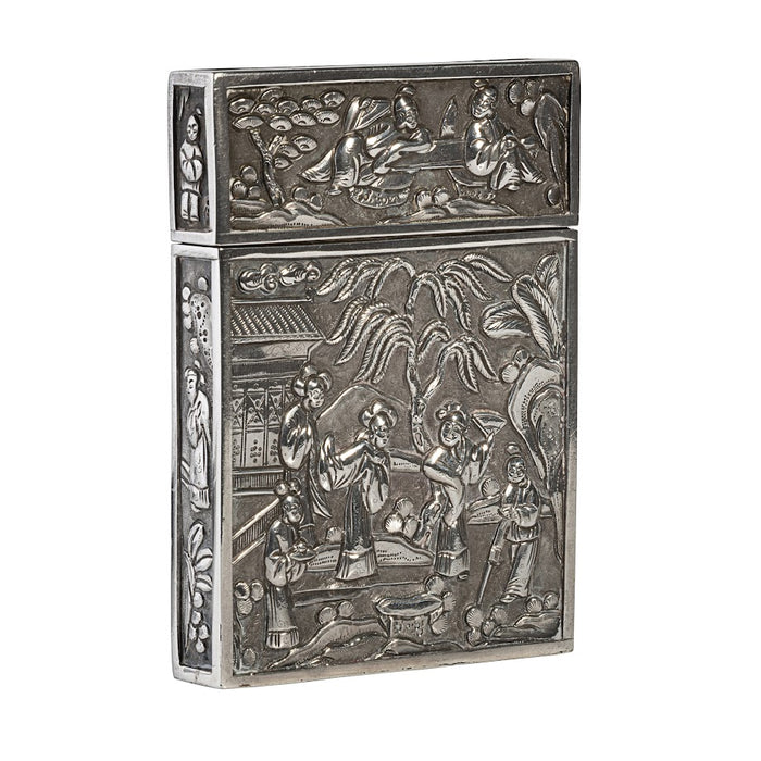 An early 19th century Chinese Export silver visiting card case with erroneous London Hallmarks.