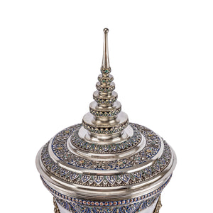 Antique Cambodian silver and enamel funerary urn of traditional form early 19th century