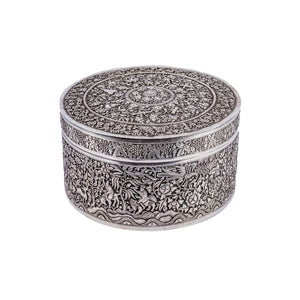Antique Chinese Straits silver repousse cylindrical lidded box, mid-nineteenth century