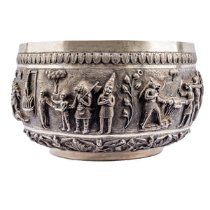 A large 19th-century Indian silver bowl ornamented using repousse, chasing and engraving depicting scenes of Naraka (Hell)