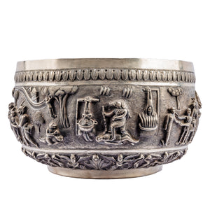 A large 19th-century Indian silver bowl ornamented using repousse, chasing and engraving depicting scenes of Naraka (Hell)