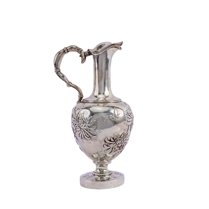 Antique Chinese Silver Covered Wine Jug, Chrysanthemums, WH 90, China or Hong Kong, Circa 1900