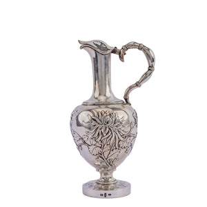 Antique Chinese Silver Covered Wine Jug, Chrysanthemums, WH 90, China or Hong Kong, Circa 1900