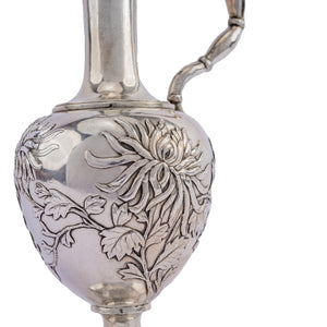 Antique Chinese Silver Covered Wine Jug, Chrysanthemums, WH 90, China or Hong Kong, Circa 1900