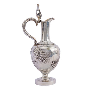 Antique Chinese Silver Covered Wine Jug, Chrysanthemums, WH 90, China or Hong Kong, Circa 1900