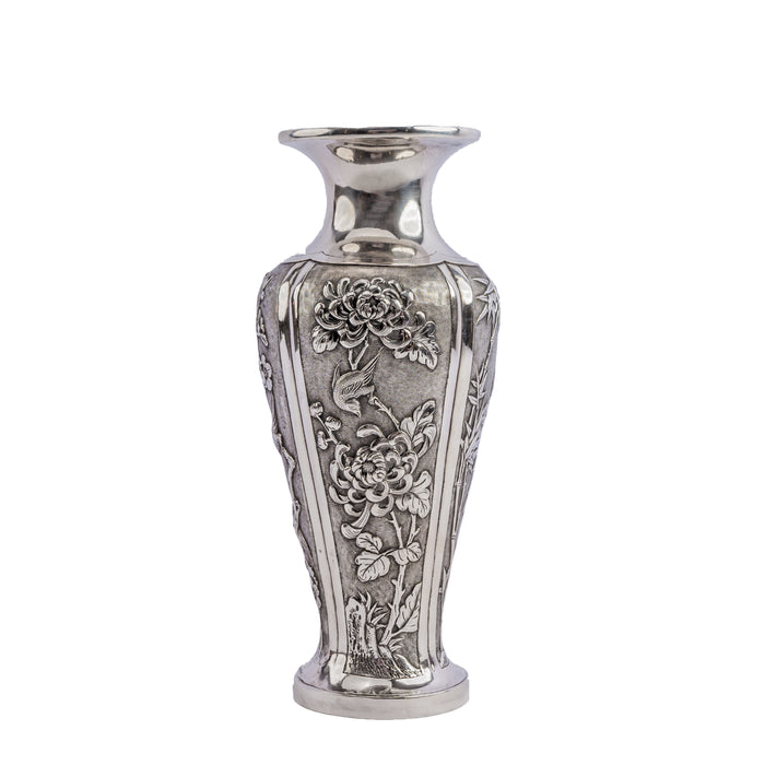 Antique Chinese Silver Vase,  Classic Meiping Shape,  Repousse & Chased Scenic Panels, c. 1900