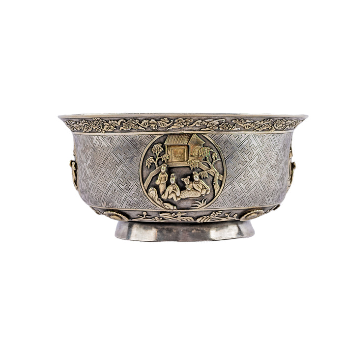 Antique Chinese Silver & Parcel-Gilt Bowl, Medallions  -  Chaozhou, (Chao Zhou) ( 潮州), China, late 19th Century