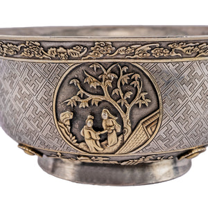 Antique Chinese Silver & Parcel-Gilt Bowl, Medallions  -  Chaozhou, (Chao Zhou) ( 潮州), China, late 19th Century