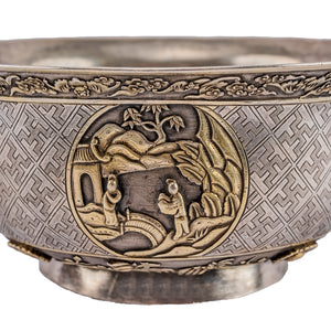 Antique Chinese Silver & Parcel-Gilt Bowl, Medallions  -  Chaozhou, (Chao Zhou) ( 潮州), China, late 19th Century