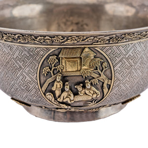 Antique Chinese Silver & Parcel-Gilt Bowl, Medallions  -  Chaozhou, (Chao Zhou) ( 潮州), China, late 19th Century