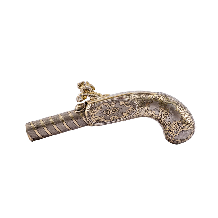 French parcel-gilt silver novelty snuff box in form of a double- barrelled flintlock pistol, circa 1850