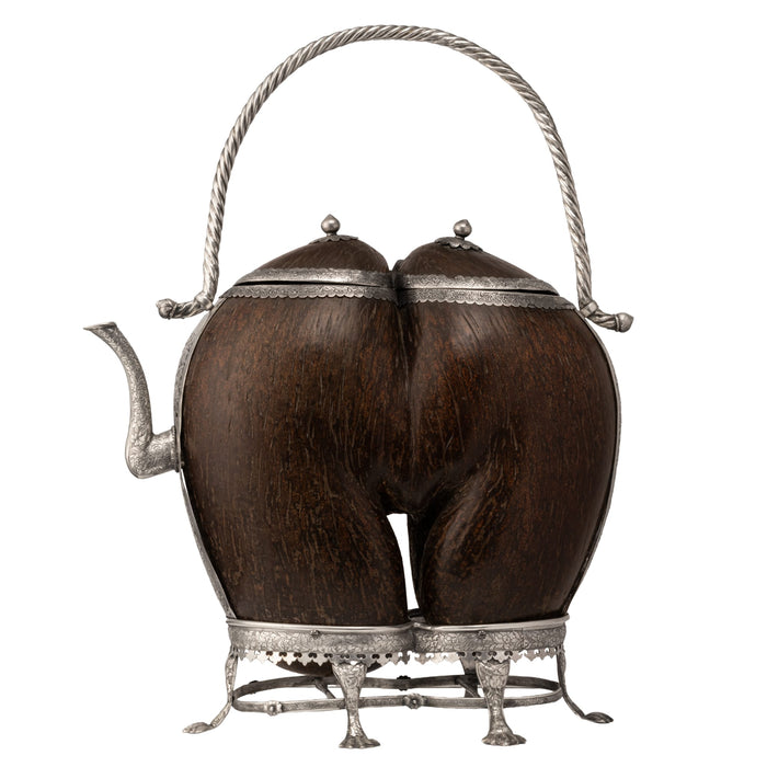 19th century Chinese Straits silver mounted coco-de-mer in the form of an ewer or teapot.