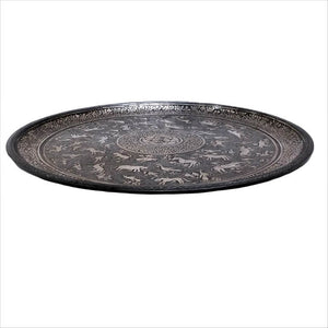 Antique Indian Bidri Platter Silver Inlay Hindu Figural Design Rajasthan India 1800-1850