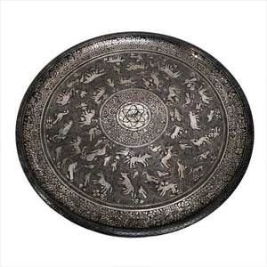 Antique Indian Bidri Platter Tray Silver Inlay Hindu Figural Design Rajasthan India 1800-1850