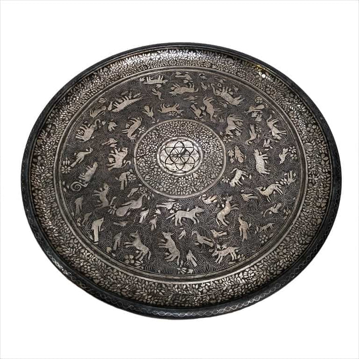 Antique Indian Bidri Platter/tray, Silver Inlay, Hindu Figural Design, Rajasthan, India – 1800/1850