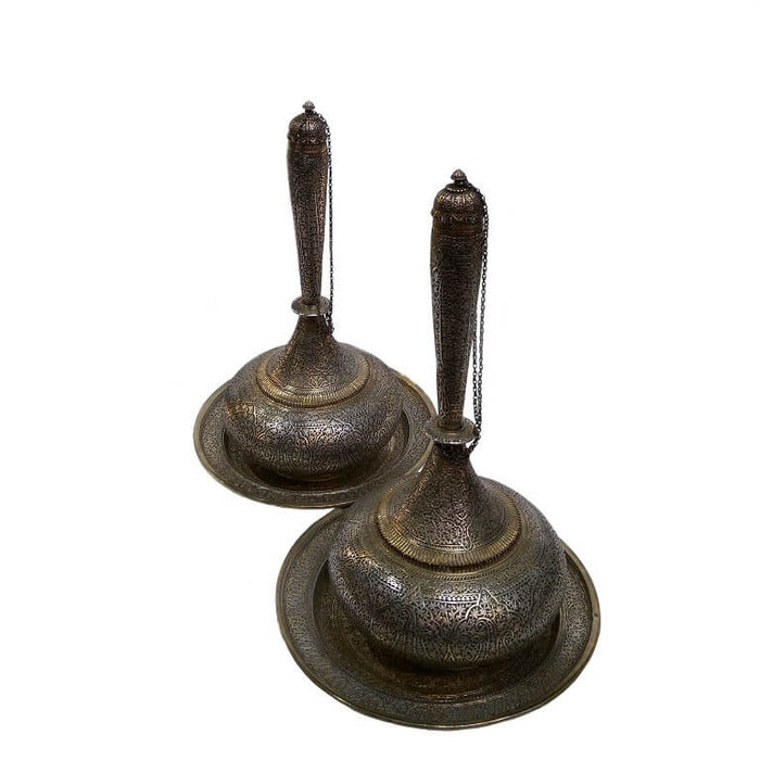 Antique Indian Silver Water Flasks (surahi) & Underplates, A Pair – C. 1860