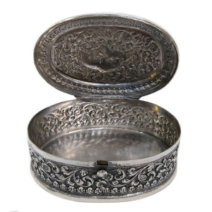 Antique Indian Silver Oval Box, Oomersi Mawji, Bhuj, Kutch, India – Circa 1880