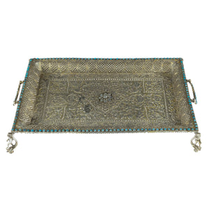 Antique Mughal Silver Gilt Betel Pandan Tray, Turquoise Stones, India – 1750