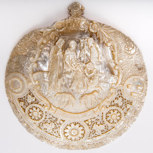 Antique Mother Of Pearl Carved Shell, Nativity Scene, Large Size, Bethlehem, The Holy Land – Late 19th Century