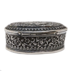 Antique Indian Silver Oval Box, Oomersi Mawji, Bhuj, Kutch, India – Circa 1880