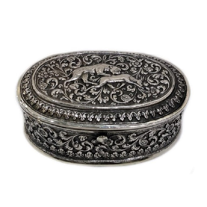 Antique Indian Silver Oval Box, Oomersi Mawji, Bhuj, Kutch, India – Circa 1880
