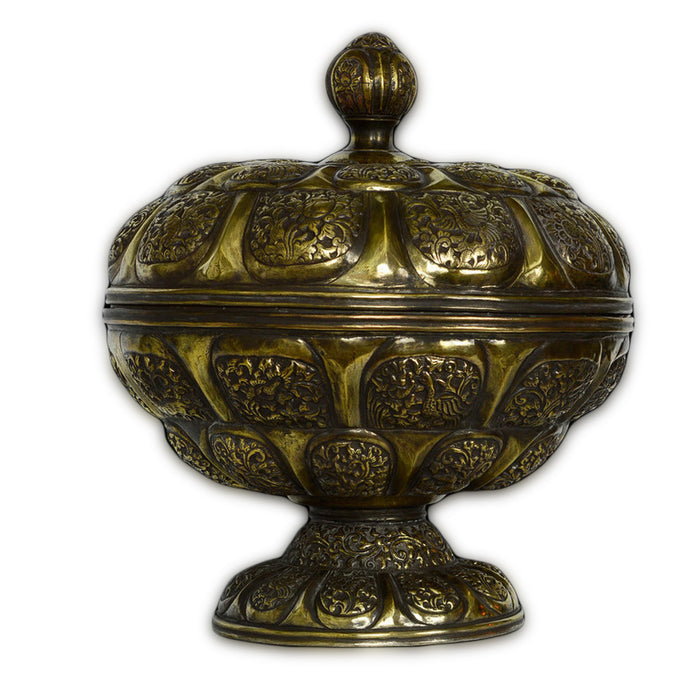 Antique Malay Lidded Pedestal Bowl, Brass, Large Size, Malaysia – Circa 1900